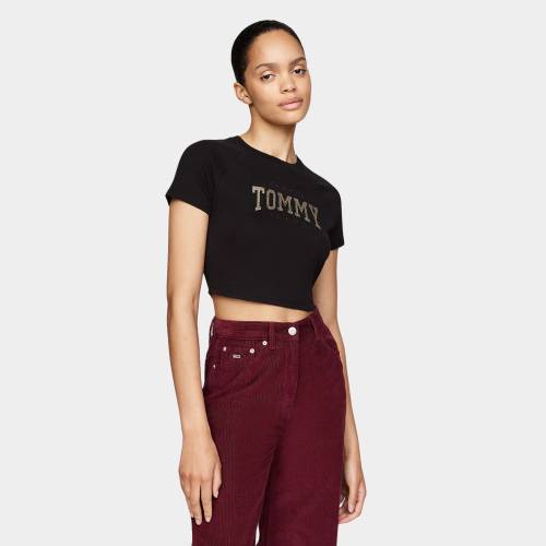 TOMMY JEANS WOMENS SLIM CROPPED GLITTER VARSITY TEE